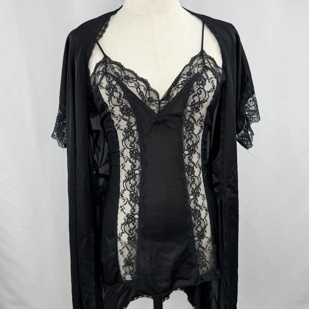 Vintage Sears Black Lace Lingerie Set Robe Slip Dress Sheer Babydoll 70s 80s Sm